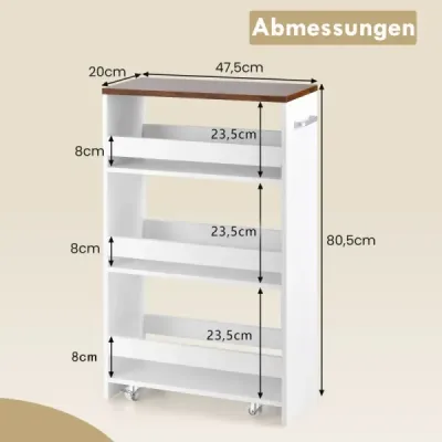 20 cm široký kuchyňský vozík na kolečkách, 4 úrovně, úzký servírovací vozík, bílý