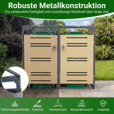 Sada 2 kusů krytu na popelnice pro 2 popelnice o objemu 120 l zahradní domek odolný proti povětrnostním vlivům s uzamykatelnými dveřmi šedá a žlutá