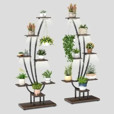 Sada 2 stojanů na rostliny s pěstebními světly, 8patrová police na rostliny, květinový žebřík