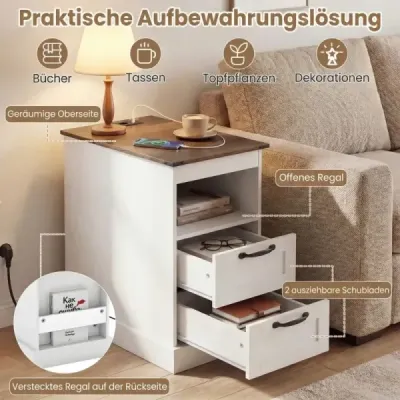 Sada 2 nočních stolků s nabíjecí stanicí Úzký odkládací stolek s úložným prostorem a 2 zásuvkami, bílý