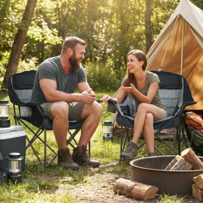Sada 2 skládacích kempingových židlí, polstrované skládací židle s držáky na nápoje, nosnost až 225 kg, šedá