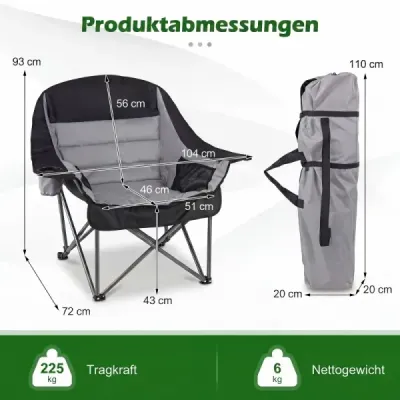 Sada 2 skládacích kempingových židlí, polstrované skládací židle s držáky na nápoje, nosnost až 225 kg, šedá