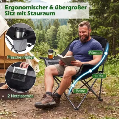 Sada 2 skládacích kempingových židlí, polstrované skládací židle s držáky na nápoje, nosnost až 225 kg, šedá
