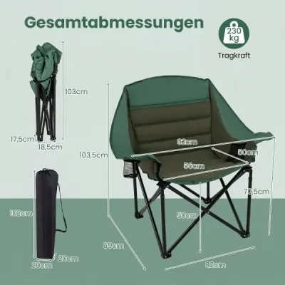 Sada 2 skládacích kempingových židlí se sedáky a držáky na nápoje, nosnost až 230 kg, zelená