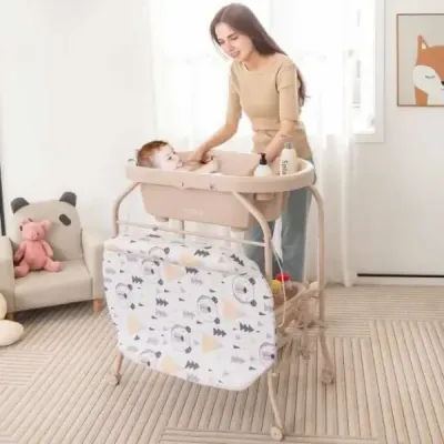 Dětský přebalovací pult s vaničkou Přenosný přebalovací pult s PVC deskou 86 x 50 x 100 cm Béžová