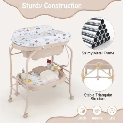 Dětský přebalovací pult s vaničkou Přenosný přebalovací pult s PVC deskou 86 x 50 x 100 cm Béžová