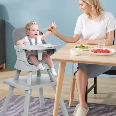 Dětská vysoká židle 6 v 1 Vysoká židle & jídelní židle & stůl na učení & stůl se stavebnicemi & dětská sedací souprava Šedá barva