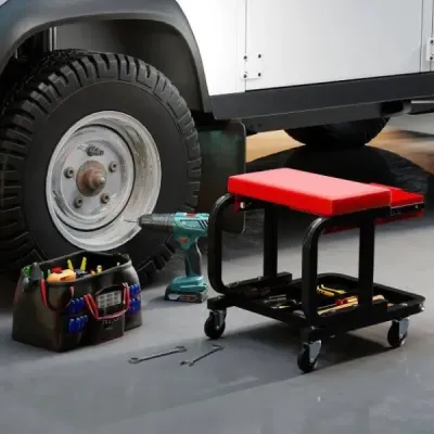 Pojízdná dílenská stolička s nosností 185 kg Polstrované mechanické sedadlo se zásuvkou Červená barva