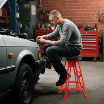 Vysoká židle pro automechaniky Odolná hliníková garážová stolička s otočným sedadlem o 360° Červená