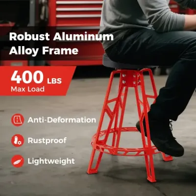 Vysoká židle pro automechaniky Odolná hliníková garážová stolička s otočným sedadlem o 360° Červená