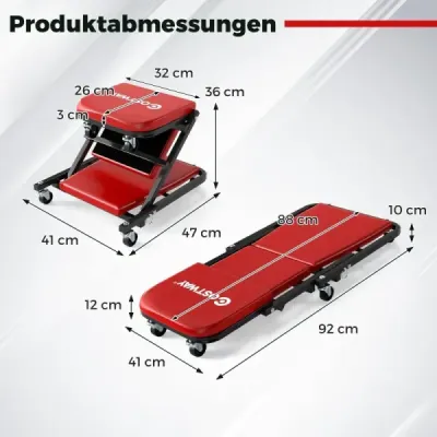Dílenská montáž pojízdné desky 2 v 1 pojízdná deska se 6 kolečky a čalouněným sedadlem s nosností do 150 kg červená