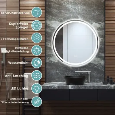 Kulaté koupelnové zrcadlo LED pro montáž na zeď 3000 K-6000 K ? 60 cm