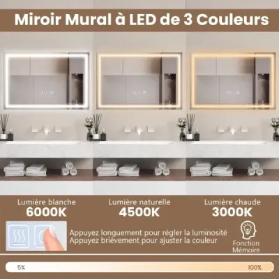 Koupelnové zrcadlo s vyhříváním zrcadla proti zamlžování LED zrcadlo stmívatelné koupelnové zrcadlo 3000K-6000K 60 x 40 cm