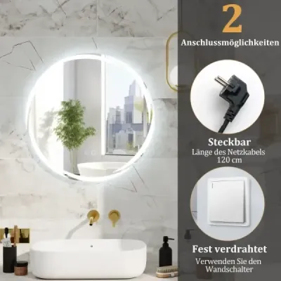 Koupelnové zrcadlo LED s osvětlením 60cm kulaté koupelnové zrcadlo proti zamlžování oválné