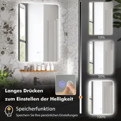 Koupelnové zrcadlo LED s osvětlením, dotykovým spínačem a paměťovou funkcí Nástěnné zrcadlo 70 x 50 cm