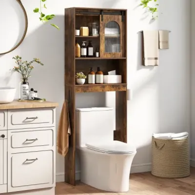 Toaletní skříňka – organizér do koupelny ve venkovském stylu s posuvnými dveřmi v designu stodolových vrat, hnědá