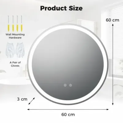 60 cm kulatý zrcadlo s LED osvětlením Koupelnové zrcadlo s nastavitelnou jasností Stříbrná