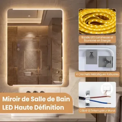 LED koupelnové zrcadlo s protizamlžovací funkcí, stmívatelné osvětlené kosmetické zrcadlo 70 x 50 cm