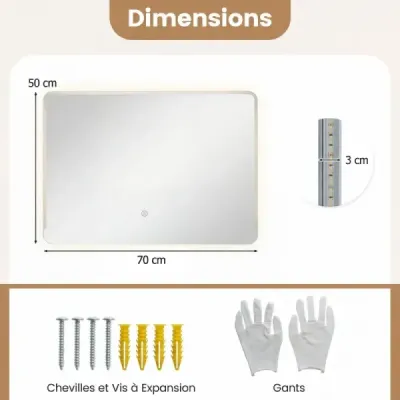LED koupelnové zrcadlo s protizamlžovací funkcí, stmívatelné osvětlené kosmetické zrcadlo 70 x 50 cm