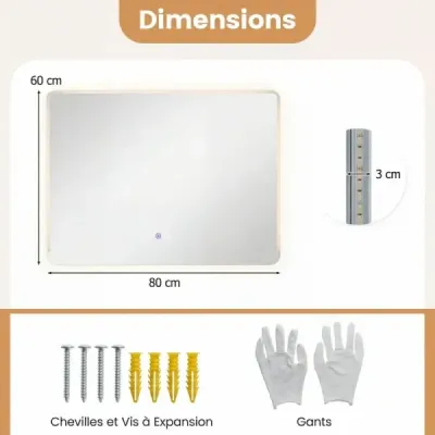 LED koupelnové zrcadlo s 3barevným osvětlením a úpravou proti zamlžování, nástěnné zrcadlo, kosmetické zrcadlo, 80 x 60 cm