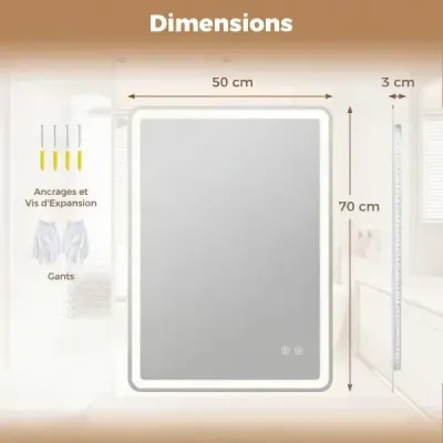 Koupelnové zrcadlo s LED osvětlením a proti zamlžování, nástěnné zrcadlo z tvrzeného skla, 70 x 50 x 3 cm