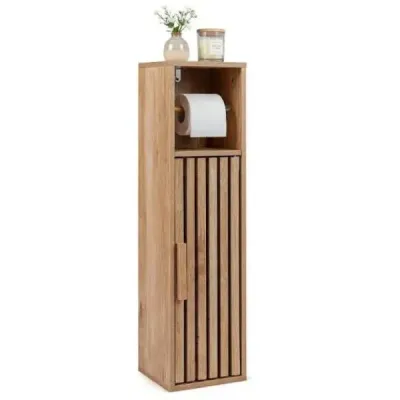 Úzká dřevěná koupelnová skříňka 20 x 19 x 78 cm s držákem na toaletní papír a skříňkou, přírodní povrchová úprava