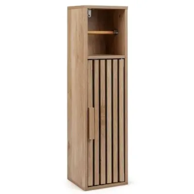 Úzká dřevěná koupelnová skříňka 20 x 19 x 78 cm s držákem na toaletní papír a skříňkou, přírodní povrchová úprava