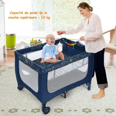 Cestovní postýlka a ohrádka 2 v 1, skládací dětská postýlka, 125 x 65 x 76 cm, modrá