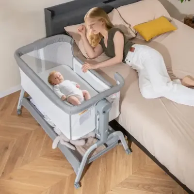 Mobilní dětská postýlka 4 v 1 s moskytiérou a matrací a 6 nastavitelnými výškami v šedé barvě