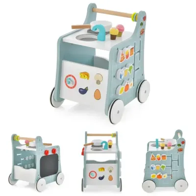6 in 1 Holz Lauflernhilfe mit Spielküche & Lernuhr & Formanpassung & Lauflernwagen Blau