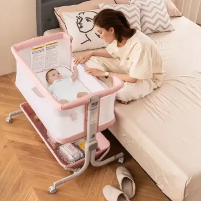 Dětská postýlka 3 v 1, cestovní postýlka s matrací, 6 úrovní, nastavitelná výška, s úložným košem, růžová
