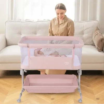 Dětská postýlka 3 v 1, cestovní postýlka s matrací, 6 úrovní, nastavitelná výška, s úložným košem, růžová