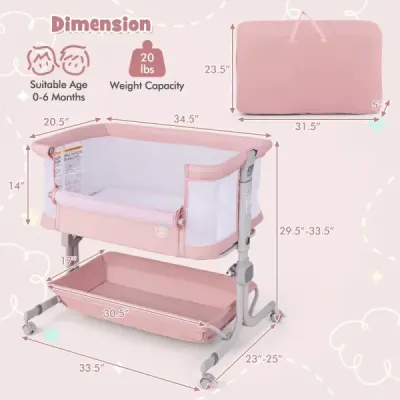 Dětská postýlka 3 v 1, cestovní postýlka s matrací, 6 úrovní, nastavitelná výška, s úložným košem, růžová