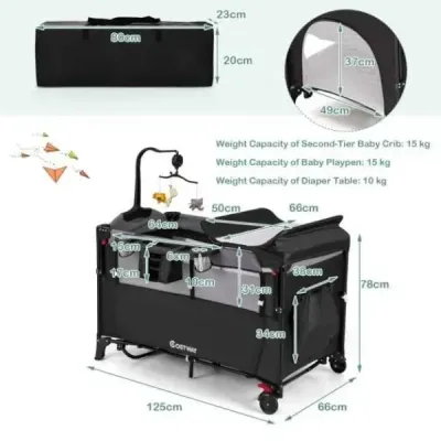 Wandelbares 5-in-1-Babybett mit Wickeltisch & Aufbewahrungstasche Schwarz