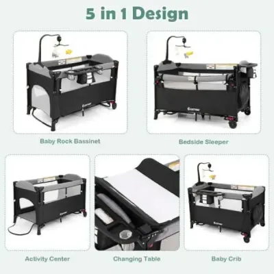 Wandelbares 5-in-1-Babybett mit Wickeltisch & Aufbewahrungstasche Schwarz