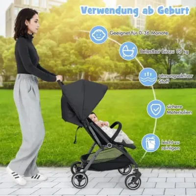 Jednou rukou skládací kočárek s nastavitelnou opěrkou zad a stříškou cestovní kočárek černý