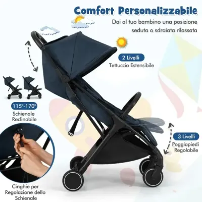 Skládací kočárek, cestovní kočárek s polohovací funkcí, přenosný kočárek s nastavitelnou opěrkou zad, nosnost do 15 kg, modrý
