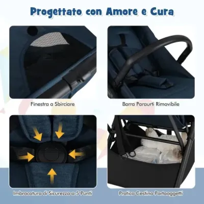 Skládací kočárek, cestovní kočárek s polohovací funkcí, přenosný kočárek s nastavitelnou opěrkou zad, nosnost do 15 kg, modrý