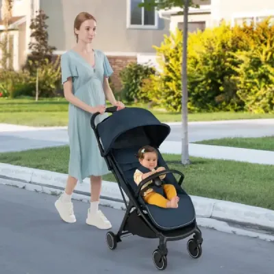 Skládací kočárek, cestovní kočárek s polohovací funkcí, přenosný kočárek s nastavitelnou opěrkou zad, nosnost do 15 kg, modrý