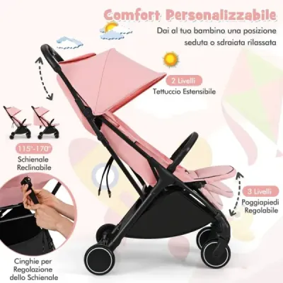 Skládací kočárek, cestovní kočárek s polohovací funkcí, přenosný kočárek s nastavitelnou opěrkou zad, nosnost do 15 kg, růžový