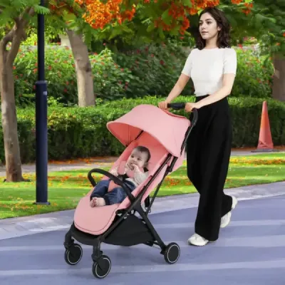 Skládací kočárek, cestovní kočárek s polohovací funkcí, přenosný kočárek s nastavitelnou opěrkou zad, nosnost do 15 kg, růžový