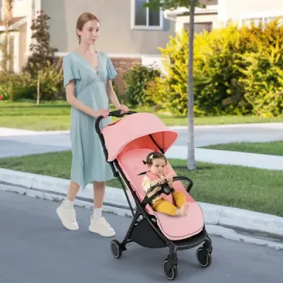 Skládací kočárek, cestovní kočárek s polohovací funkcí, přenosný kočárek s nastavitelnou opěrkou zad, nosnost do 15 kg, růžový