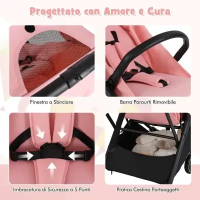 Skládací kočárek, cestovní kočárek s polohovací funkcí, přenosný kočárek s nastavitelnou opěrkou zad, nosnost do 15 kg, růžový