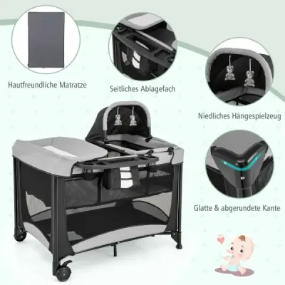 Přenosná dětská postýlka 5 v 1 s cestovní postýlkou, kolébkou, ohrádkou a přebalovacím stolkem černá + šedá