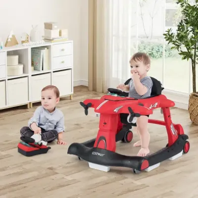 Chodítko na kolečkách 6 v 1, design letadla, 3 výškově nastavitelné plošiny, červené