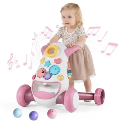Chůvička Baby Walker s hudbou a světlem Chůvička s třídičem tvarů a rotujícími ozubenými koly Růžová