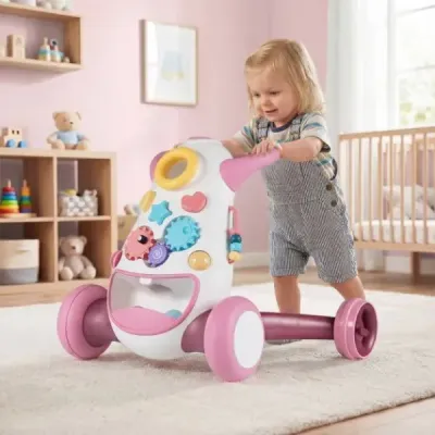 Chůvička Baby Walker s hudbou a světlem Chůvička s třídičem tvarů a rotujícími ozubenými koly Růžová
