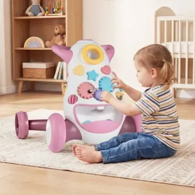 Chůvička Baby Walker s hudbou a světlem Chůvička s třídičem tvarů a rotujícími ozubenými koly Růžová