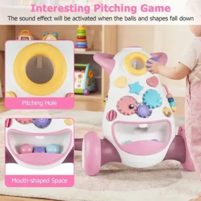 Chůvička Baby Walker s hudbou a světlem Chůvička s třídičem tvarů a rotujícími ozubenými koly Růžová