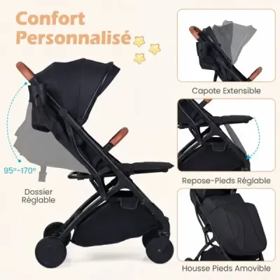 Skládací kočárky s pláštěnkou proti dešti, nastavitelným opěradlem a stříškou Cestovní kočárek Černý